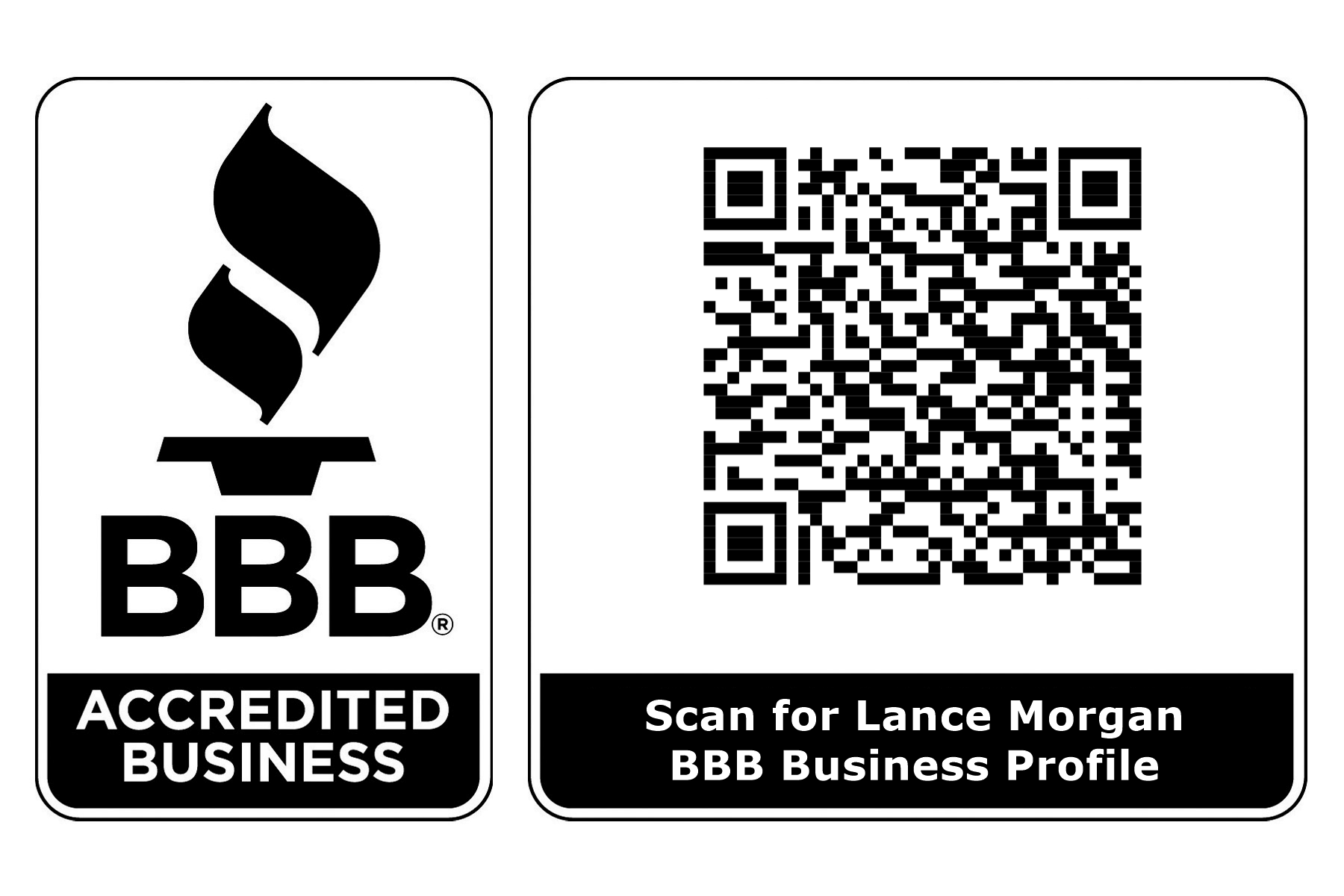 BBB Accredited Business seal and QR code for Lance Morgan’s BBB Business Profile