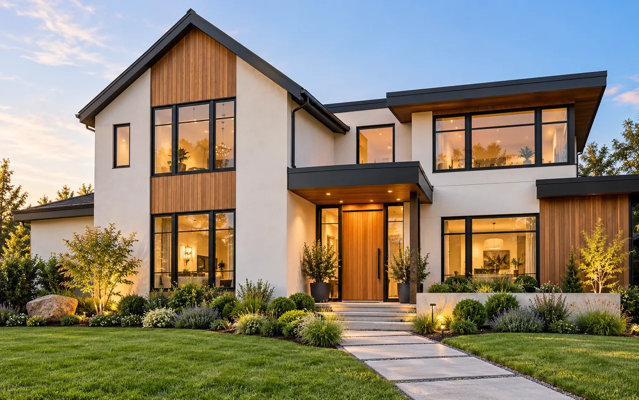 Illustrative new-construction home with a landscaped front entrance